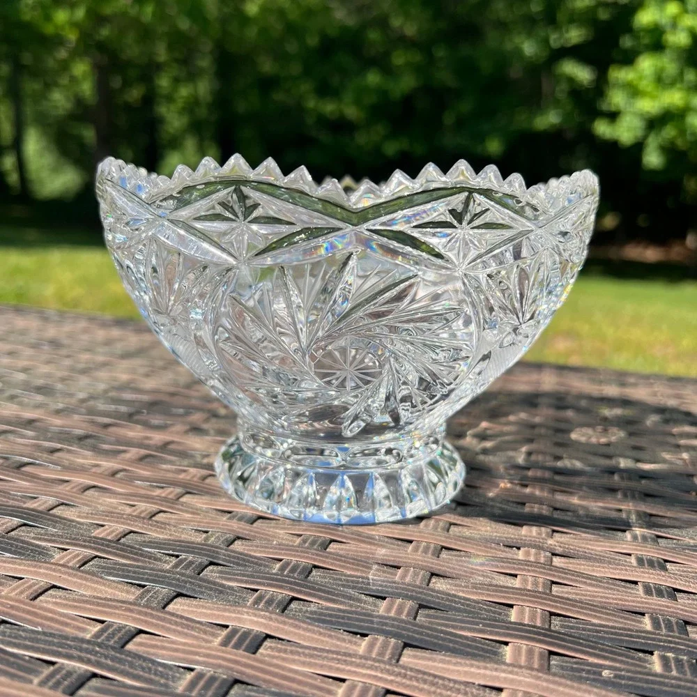 Vintage Cut Lead Crystal Bowl Pinwheel Hobstar Pattern Pedestal Foot Scalloped